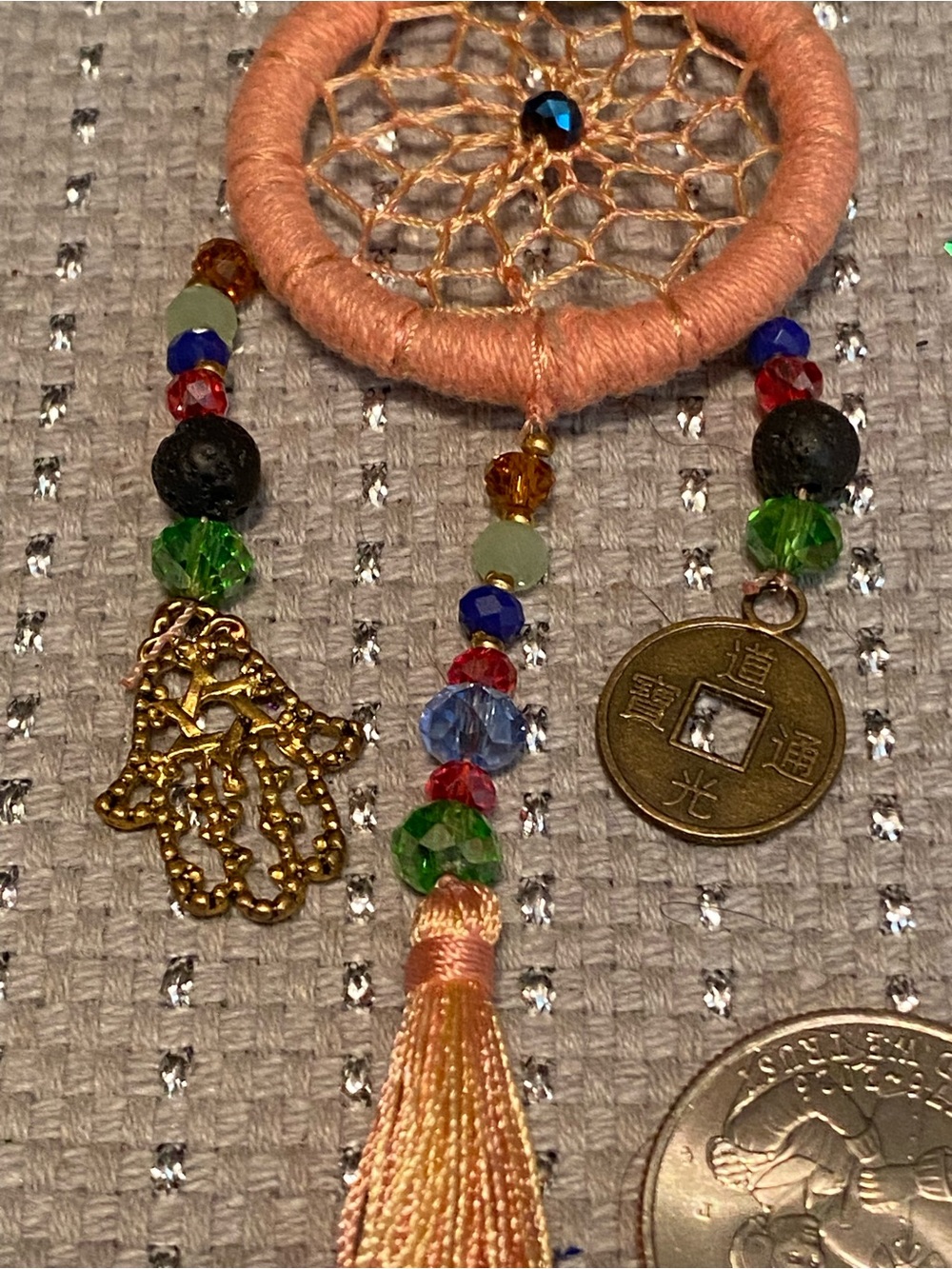 Peach Beaded Dreamcatcher Hair Charm with Tassel and Coin Accent